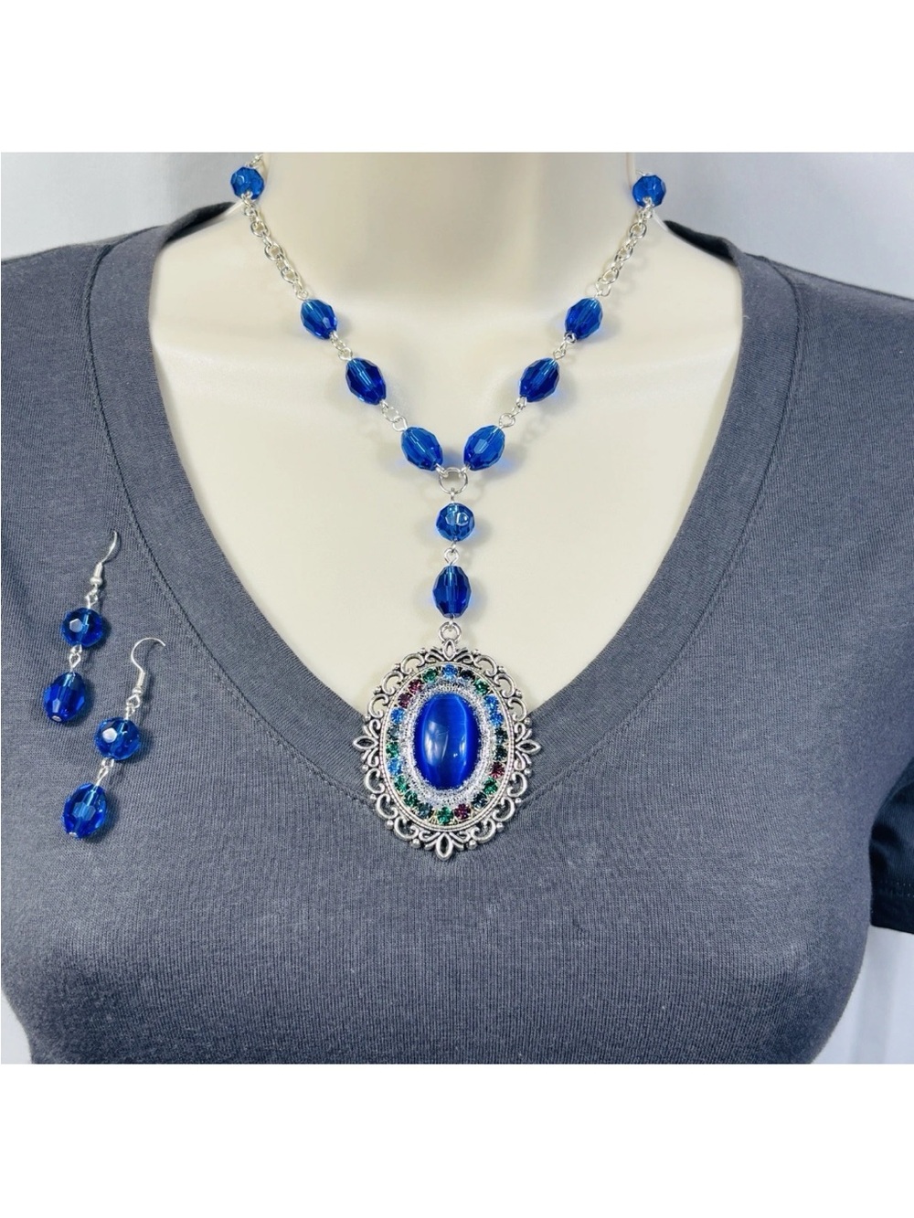 Handmade Necklace Earrings Glass Catseye Cabochon Blue Silvertone  16" - 18"